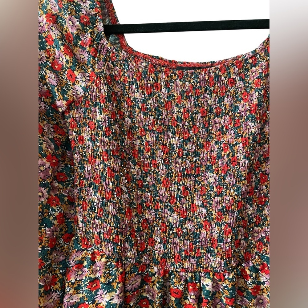 Red Floral Tiered Dress Long Sleeve Smocked Top Small - Picture 2 of 5